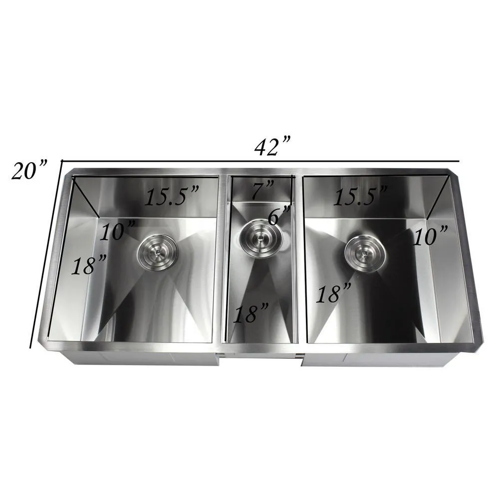 Undermount Stainless Steel 42 in. x 20 in. x 10 in. Deep 16-Gauge Triple Bowl 40/20/40 Zero Radius Kitchen Sink Combo, photo 3 of 9