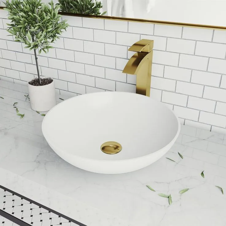 VIGO Lotus Matte Stone Vessel Bathroom Sink in White with Duris Faucet in Matte Gold, photo 3 of 10