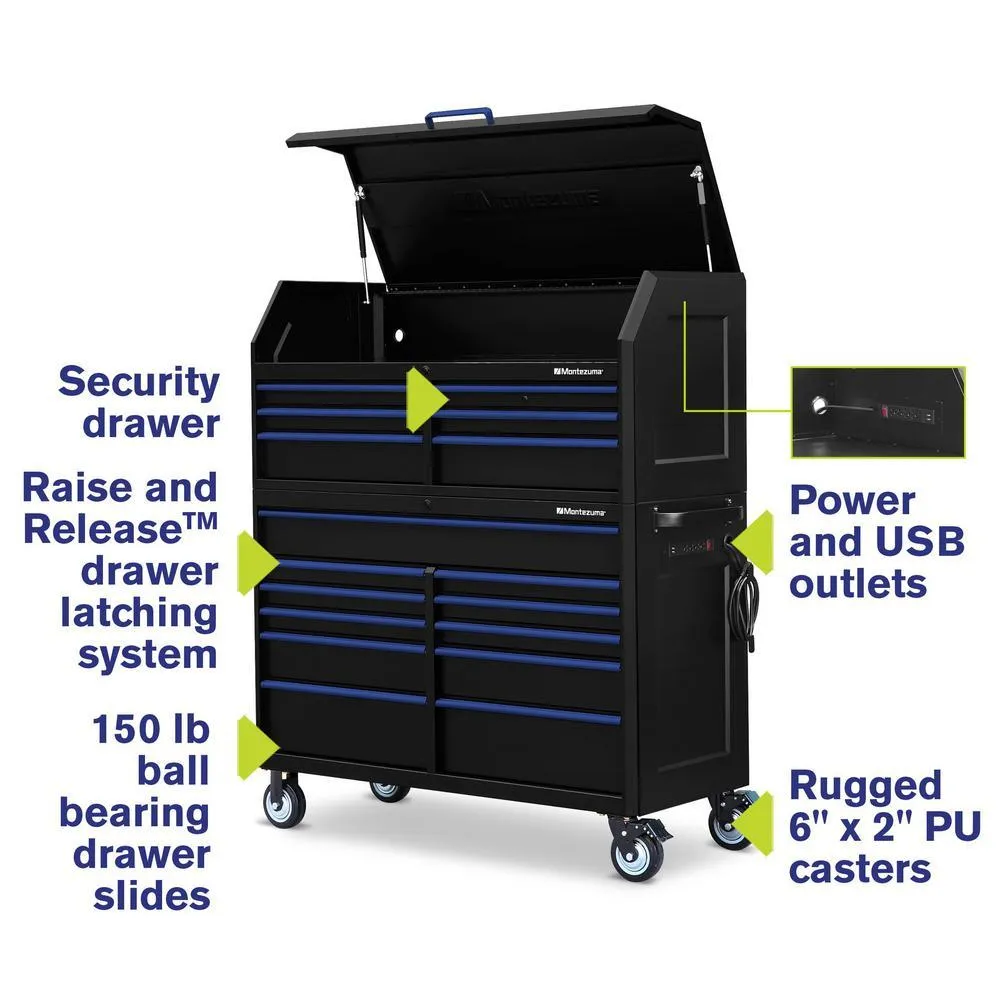 24 in. x 56 in. 17-Drawer Tool Chest and Cabinet Combo with Power and USB Outlets in Black and Blue, photo 2 of 15