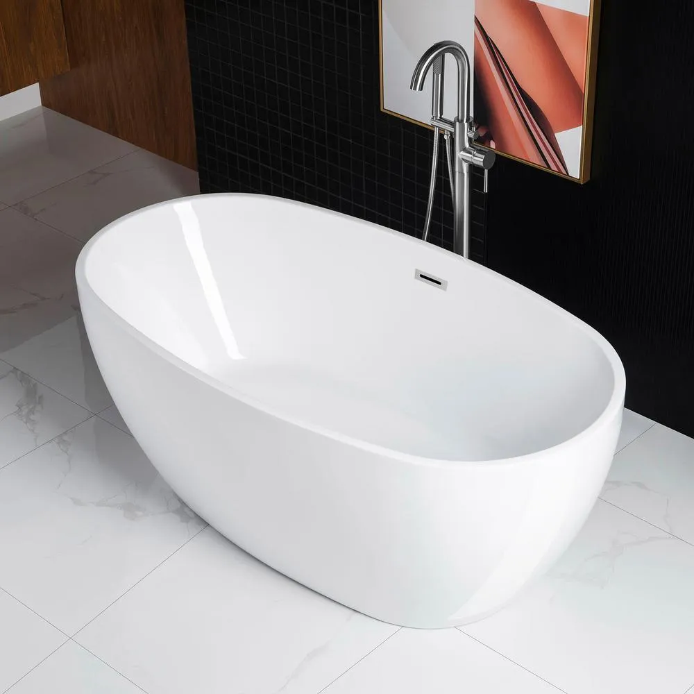 WOODBRIDGE Dieppe 59 in. Acrylic Double-Ended Flat Bottom Freestanding Bathtub with Chrome Overflow and Drain, White, photo 4 of 17