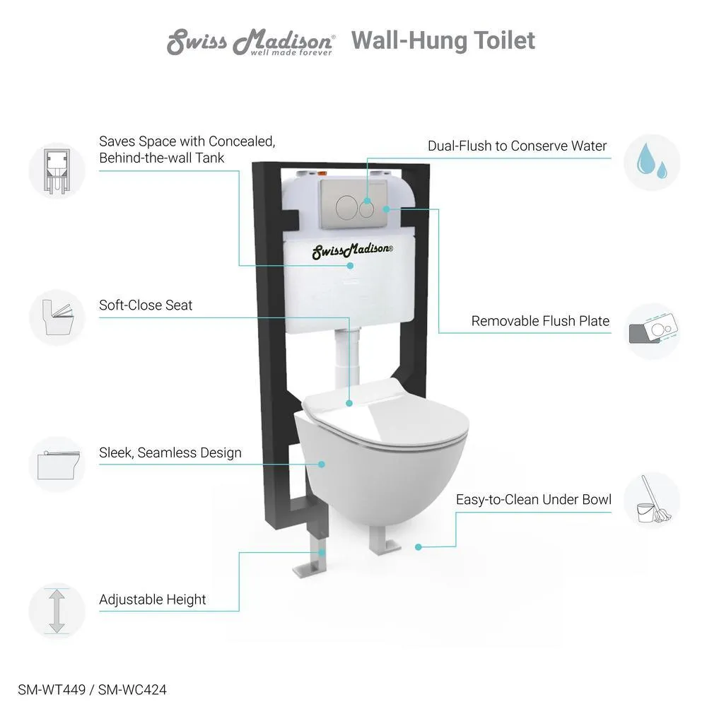 Swiss Madison St. Tropez Wall Hung Toilet Bowl 0.8/1.28 GPF Dual Flush Elongated in White, photo 5 of 11