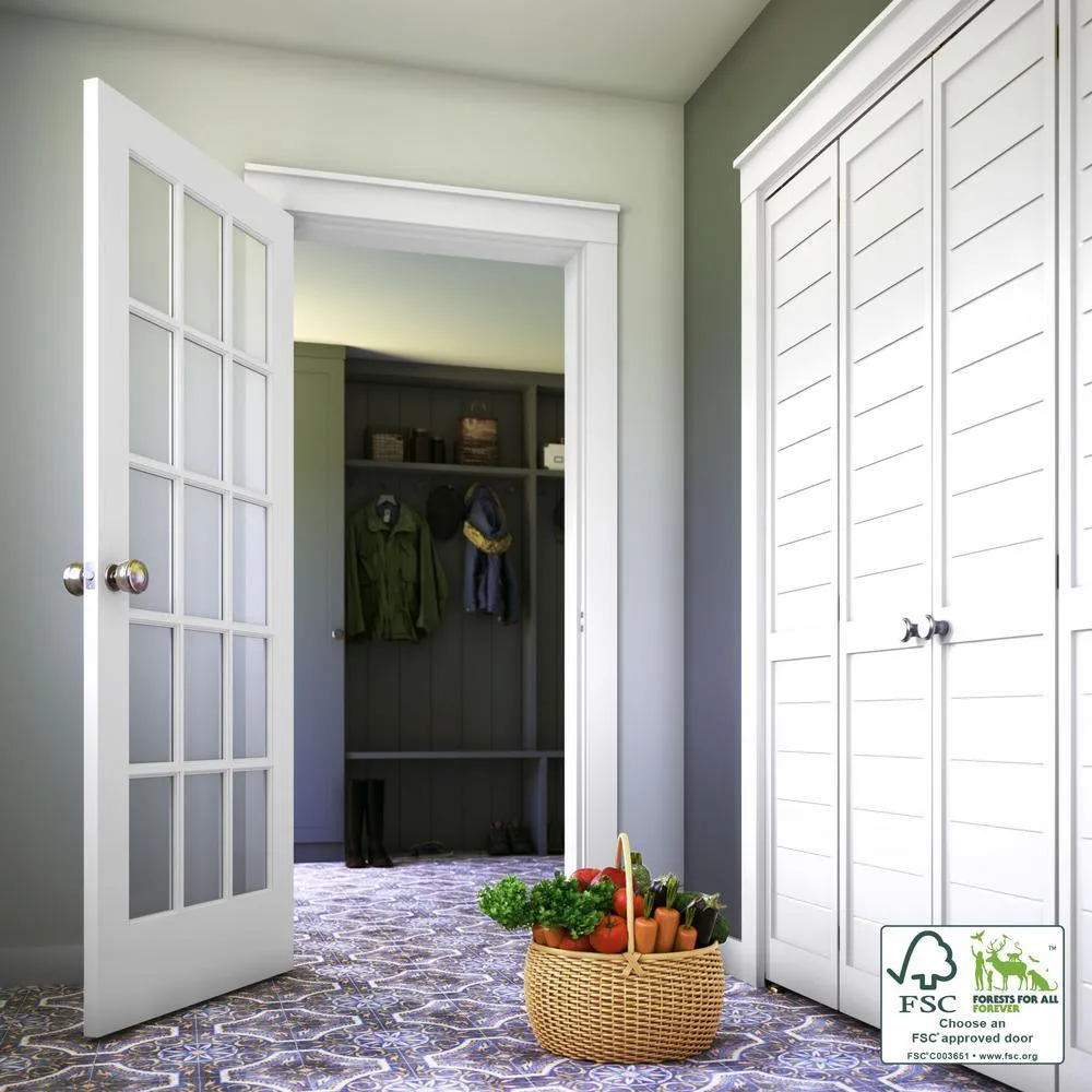 28 in. x 80 in. Clear Glass 15-Lite True Divided White Finished Solid French Interior Door Slab, photo 6 of 9