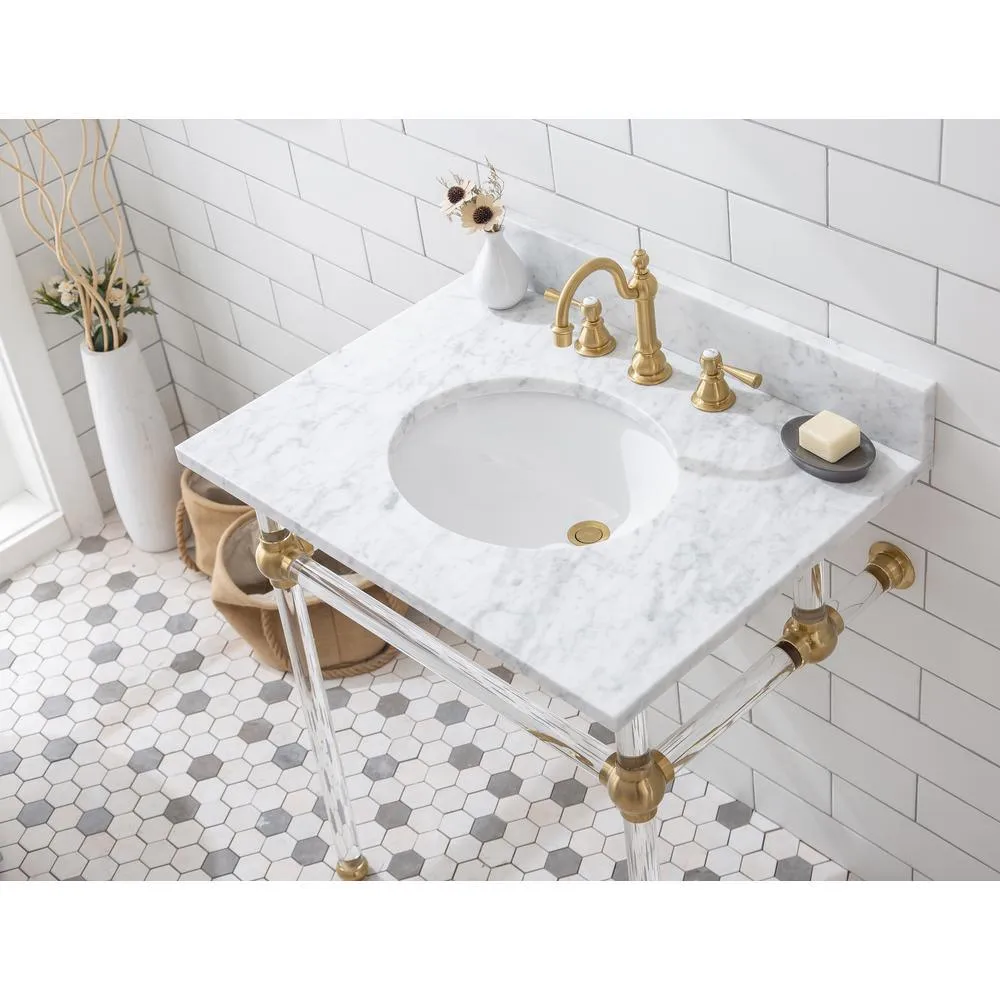 Water Creation Empire 30 in. Acrylic Wash Stand with Satin Brass P-Trap Kit, Faucet, Marble Counter Top, and White Basin, photo 6 of 8