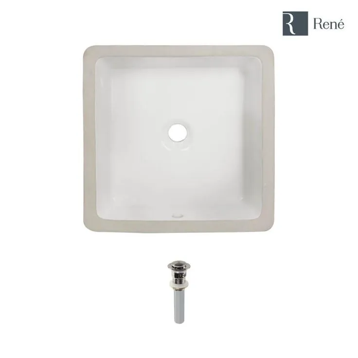 Rene 16 in. Undermount Bathroom Sink in White with Pop-Up Drain in Brushed Nickel, photo 3 of 4