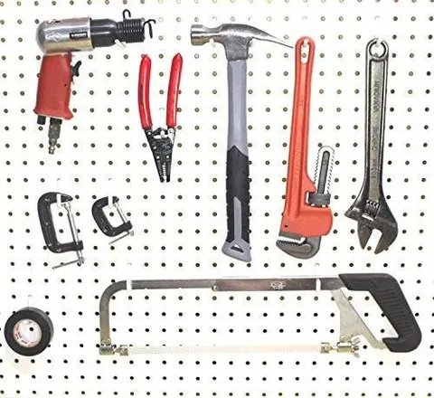 74 pc PEG BOARD KIT 25 J & L Hooks plus 20 Tool holders 4 Peg Board Bins Yellow Red