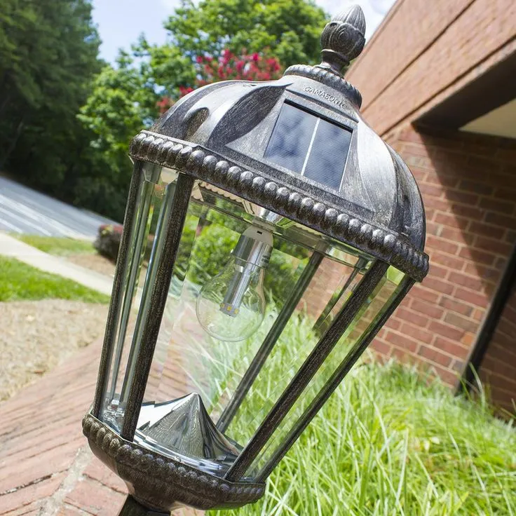 Gama Sonic Royal Bulb Series Outdoor Weathered Bronze Integrated LED Solar Powered Post Light on Pier Base, photo 3 of 5