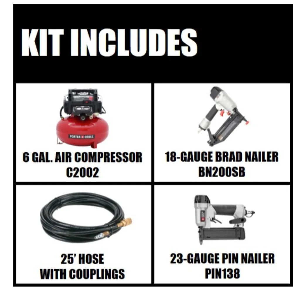 PORTER-CABLE 6 Gal. Portable Electric Air Compressor and 18-Gauge Brad Nailer Combo Kit with Bonus 23-Gauge 1-3/8 in. Pin Nailer, photo 2 of 4