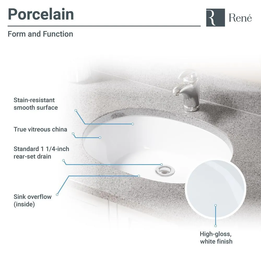 Under-Mount Porcelain Bathroom Sink in White with Pop-Up Drain in Brushed Nickel, photo 4 of 8