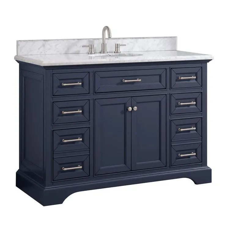 Windlowe 49 in. W x 22 in. D x 35 in. H Bath Vanity in Navy Blue with Carrara Marble Vanity Top in White with White Sink, photo 5 of 17