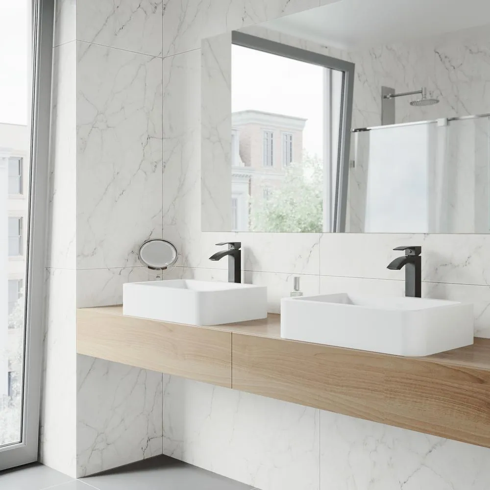 VIGO Petunia Matte Stone Vessel Bathroom Sink in White with Duris Bathroom Vessel Faucet in Matte Black, photo 2 of 15