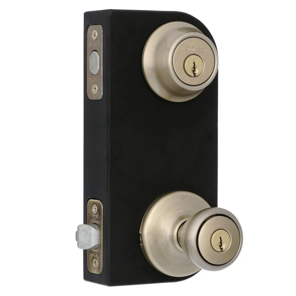 Kwikset Tylo Antique Brass Entry Door Knob and Single Cylinder Deadbolt Combo Pack with Microban Antimicrobial Technology, photo 3 of 9