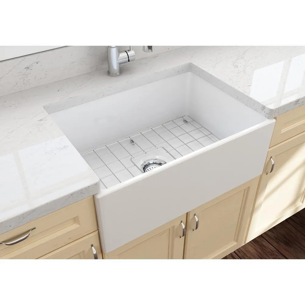 Contempo Farmhouse Apron Front Fireclay 27 in. Single Bowl Kitchen Sink with Bottom Grid and Strainer in White, photo 8 of 20