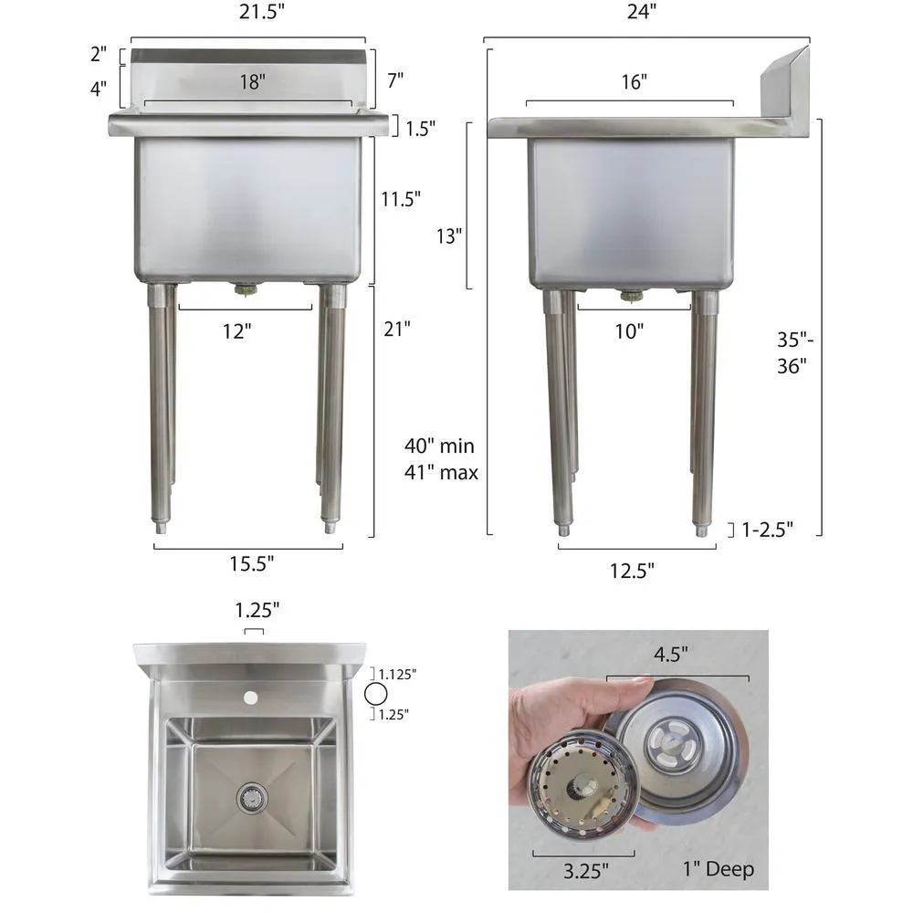 AmeriHome 21.5 in. x 24 in. Stainless Steel Utility Wall Mount Sink with Single Hole for Faucet, photo 10 of 10