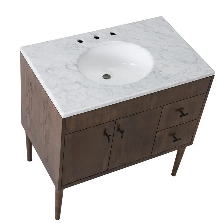 Wyatt 36 in. W x 22.05 in. D x 35.75 in. H Brown Single Sink Bathroom Vanity with White Carrara Marble Vanity Top, photo 5 of 6