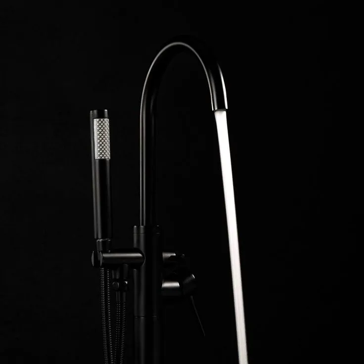 1-Handle Freestanding Floor Mount Tub Faucet Bathtub Filler with Hand Shower in Matte Black, photo 6 of 8