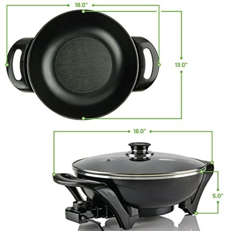 13 In. Black Non-Stick Electric Skillet with Aluminum Body Adjustable Temperature Controller Tempered Glass Cover, photo 8 of 10