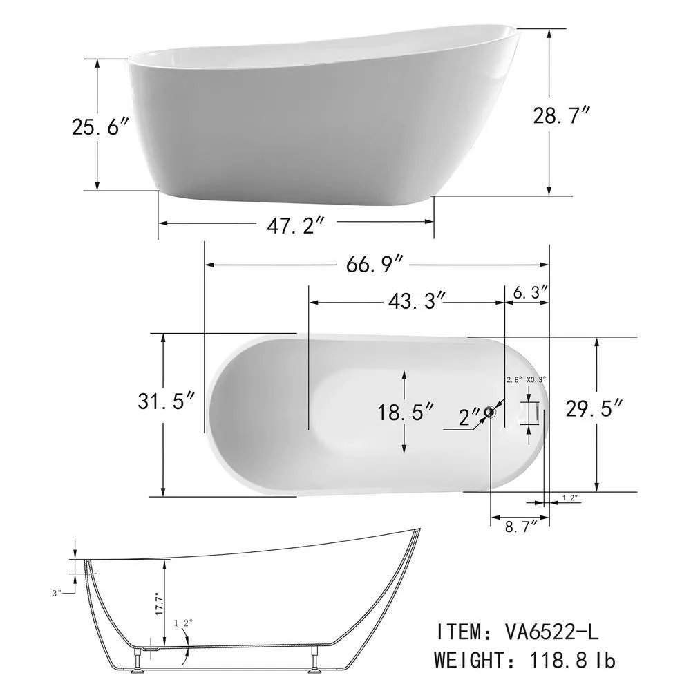 Colombes 67 in. Acrylic Flatbottom Freestanding Bathtub in White, photo 6 of 8