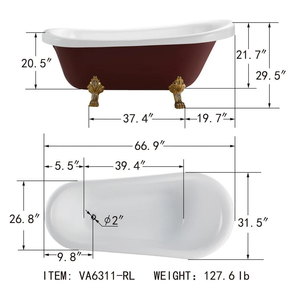 Laval 67 in. Acrylic Claw Foot Freestanding Bathtub in Red and White, photo 4 of 8