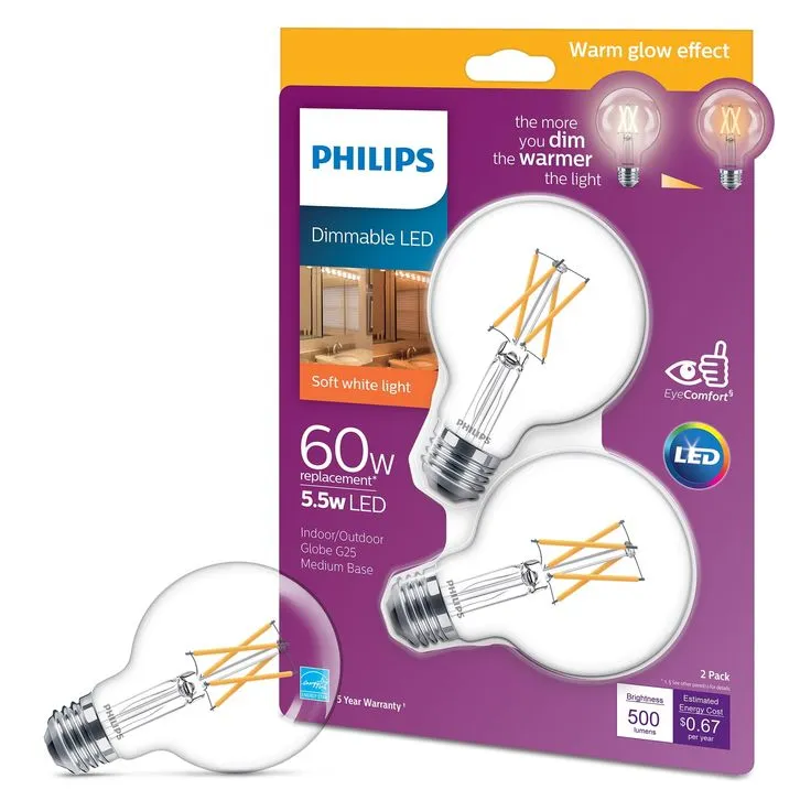 Philips 60-Watt Equivalent G25 Dimmable LED Indoor/Outdoor Light Bulb Clear with Warm Glow Effect Soft White (2700K) (2-Pack), photo 2 of 6