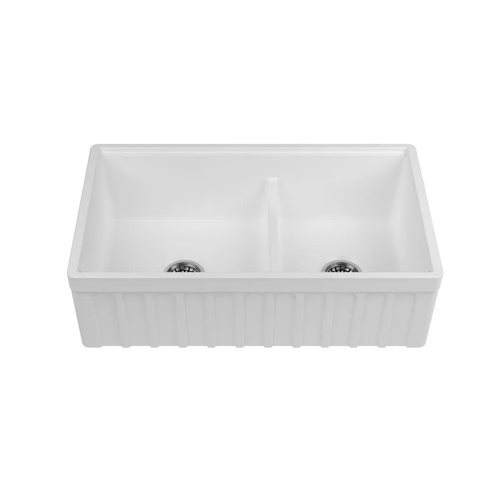 Yorkshire Farmhouse Fireclay 33 in. 55/45 Double Bowl Kitchen Sink with Cutting-Board, Grid and Strainer in White, photo 6 of 8