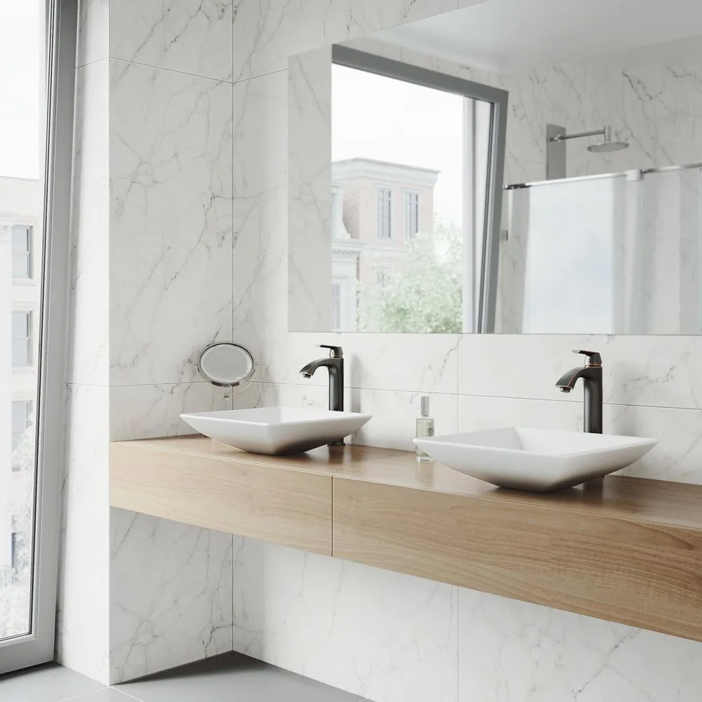 VIGO Hibiscus White Matte Stone Vessel Bathroom Sink and Linus Bathroom Vessel Faucet in Antique Rubbed Bronze w/ Pop up, photo 2 of 16