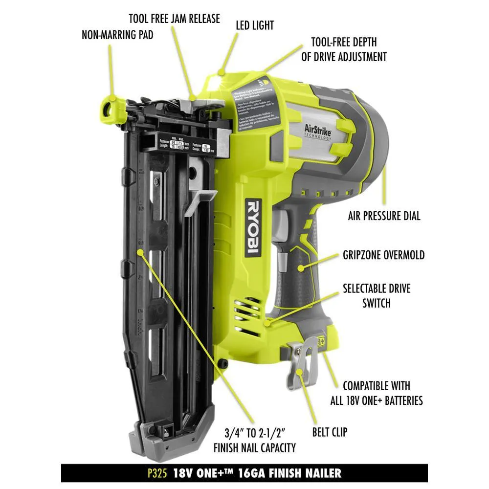 RYOBI 18V ONE+ Cordless AirStrike 18-Gauge Brad Nailer, 16-Gauge Straight Finish Nailer Kit w/(1)1.5Ah Battery and Charger, photo 4 of 15