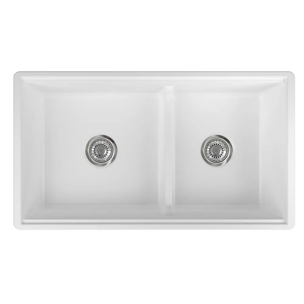 Yorkshire Farmhouse Fireclay 33 in. 55/45 Double Bowl Kitchen Sink with Cutting-Board, Grid and Strainer in White, photo 7 of 8