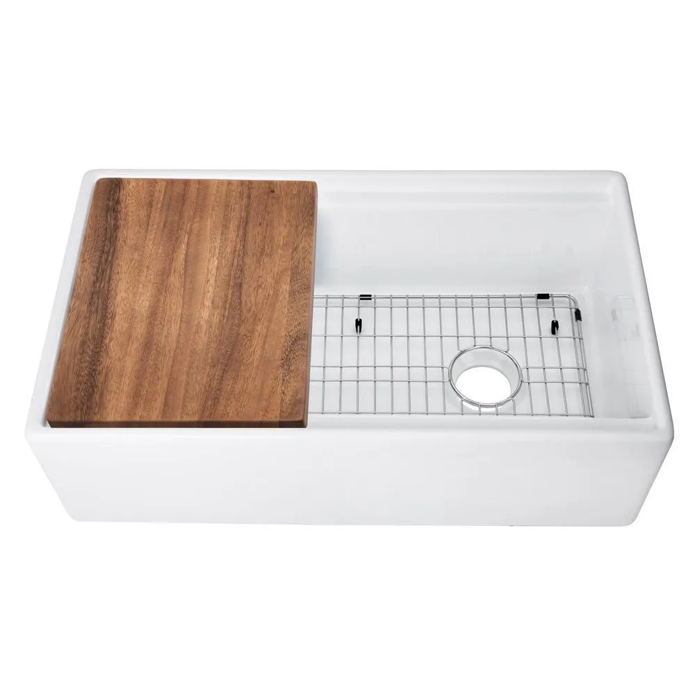 Fireclay 33 in. Single Bowl Farmhouse Apron Front Reversible Kitchen Sink in White with Cutting Board and Grid, photo 4 of 16