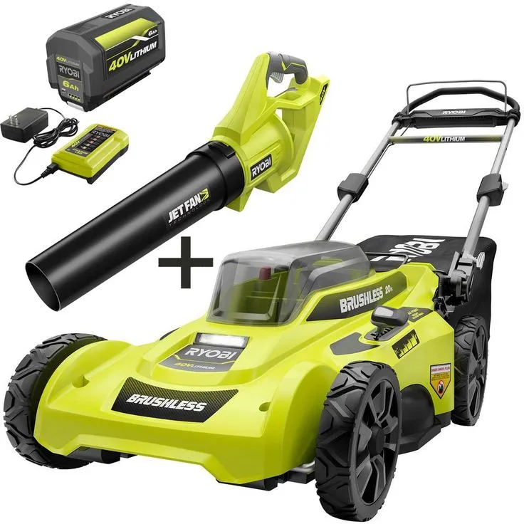 RYOBI 20 in. 40-Volt Brushless Lithium-Ion Cordless Battery Walk Behind Push Lawn Mower & Blower with 6.0 Ah Battery & Charger, photo 5 of 9