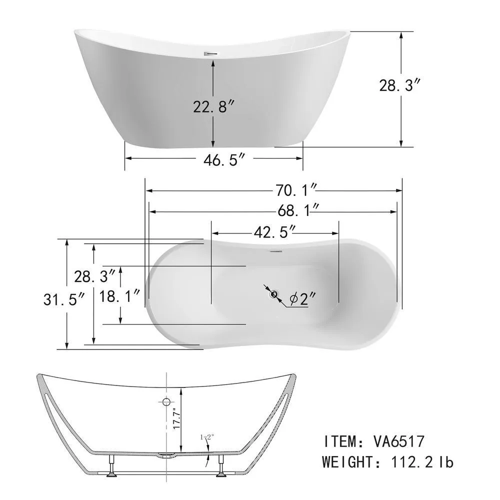 Mulhouse 71 in. Acrylic Flatbottom Freestanding Bathtub in White, photo 7 of 9