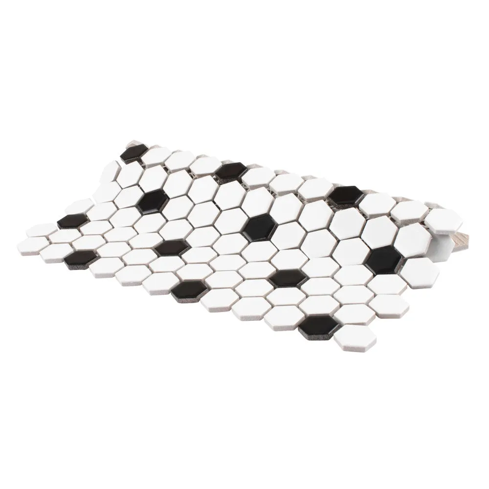 Merola Tile Madison Hex Matte 11-7/8 in. x 10-1/4 in. x 6mm Cool White with Black Dot Porcelain Mosaic Tile, photo 4 of 8