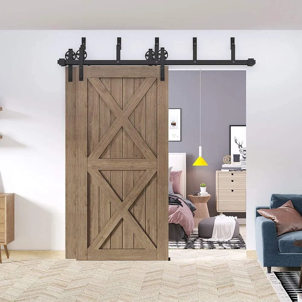 WINSOON 11 ft./132 in. Black Sliding Bypass Barn Door Hardware Track Kit for Double Doors with Non-Routed Floor Guide, photo 4 of 7