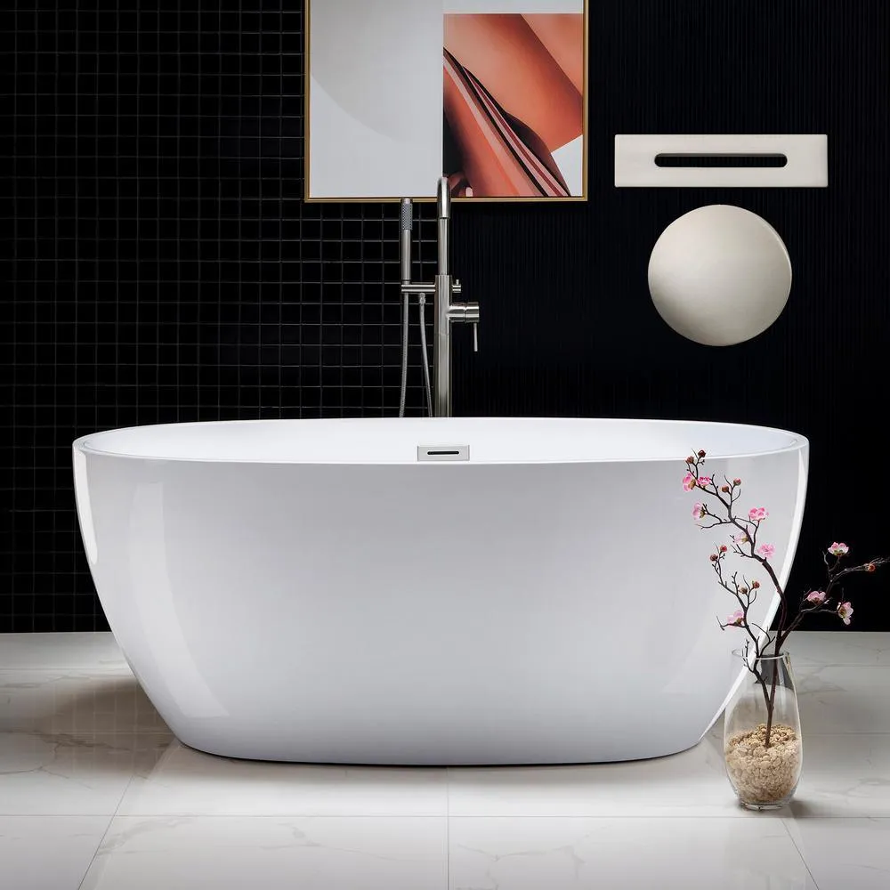 WOODBRIDGE Dieppe 59 in. Acrylic Double-Ended Flat Bottom Freestanding Bathtub with Chrome Overflow and Drain, White, photo 8 of 17