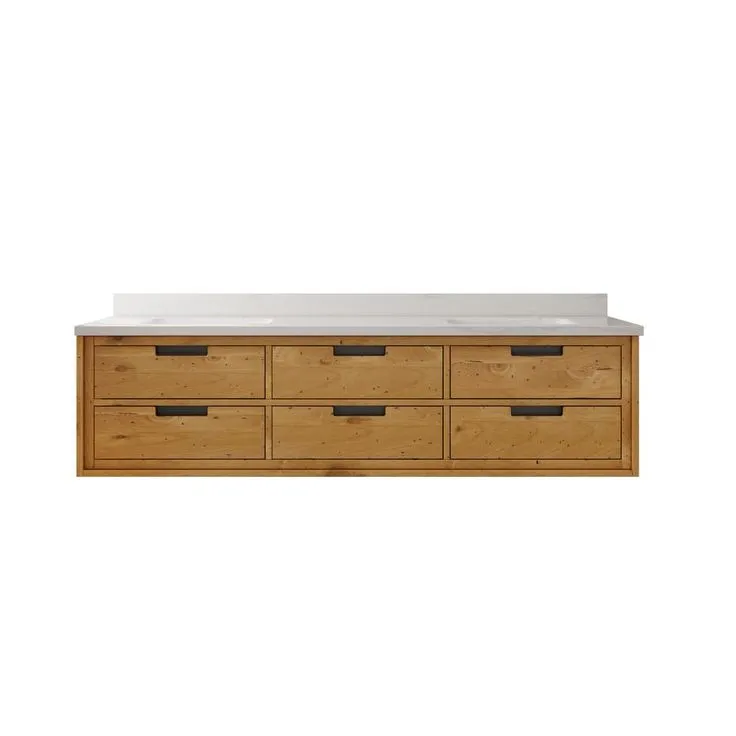 Vinespring 72 in. W x 22 in.D Double Wall Hung Bath Vanity in Wood Tone with Marble Vanity Top in White with White Sink, photo 3 of 4