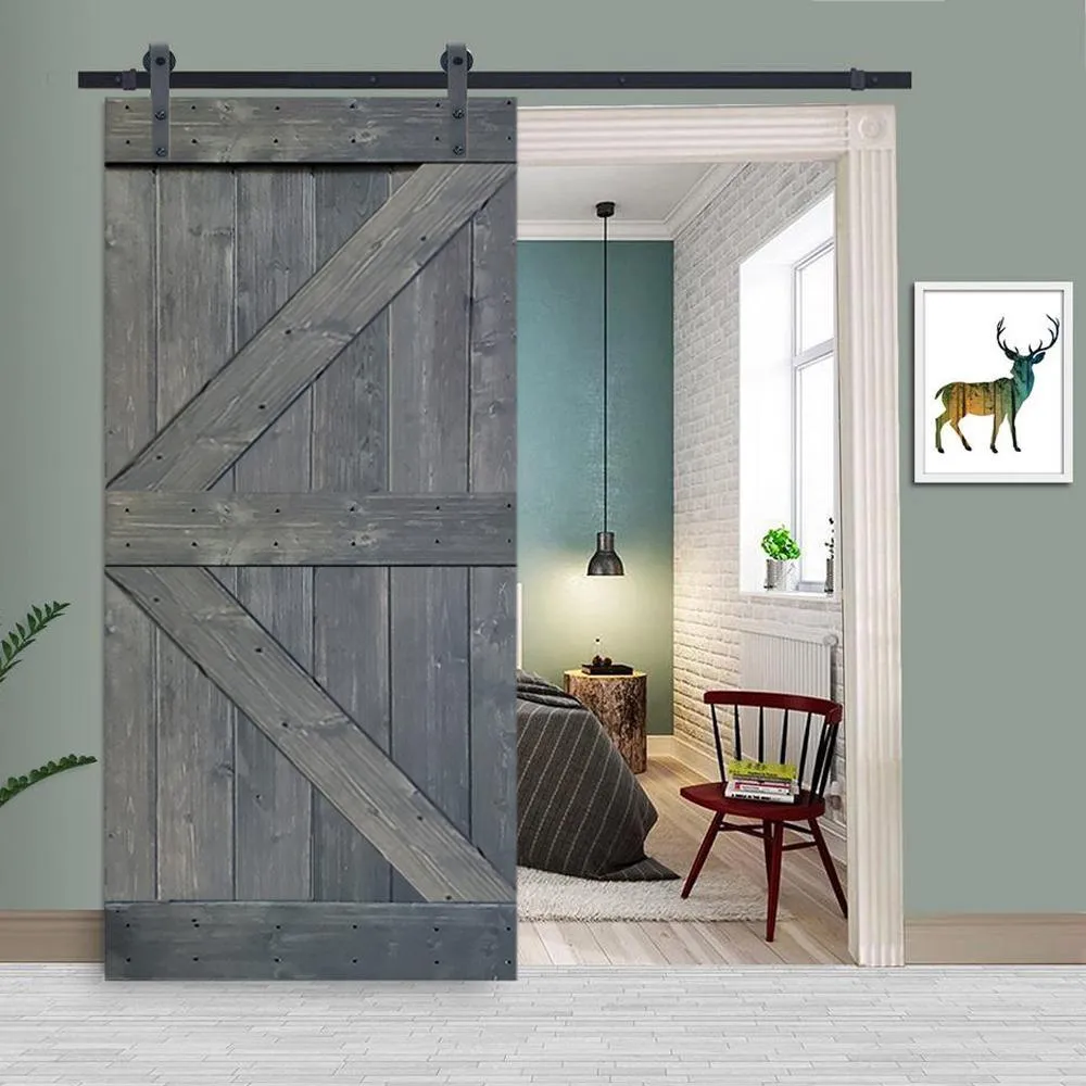 CALHOME K Series 36 in. x 84 in. Gray Stained Knotty Pine Wood Interior Sliding Barn Door with Hardware Kit, photo 5 of 6