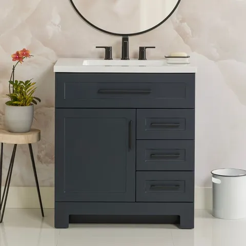 Cauley 30-in Deep Blue Single Sink Bathroom Vanity with White Cultured Marble Top