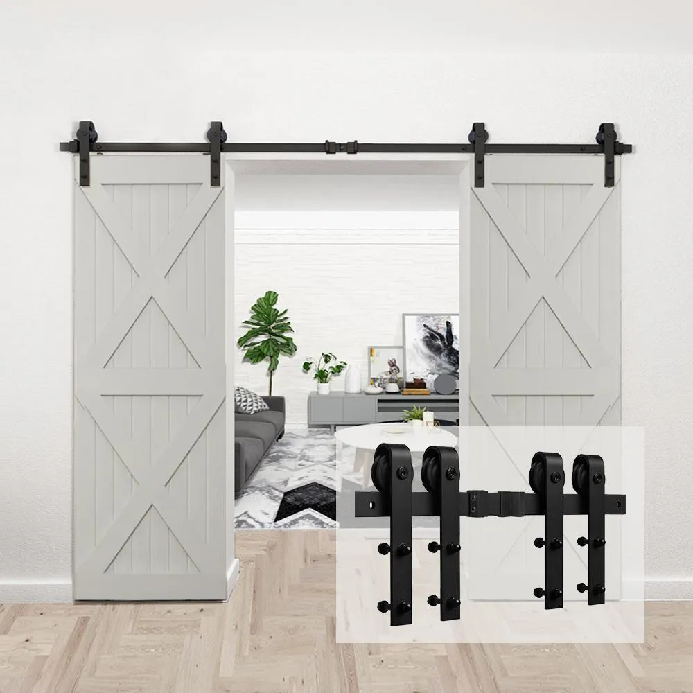 10 ft./120 in. Black Steel Sliding Barn Door Track and Hardware Kit for Double Doors with Floor Guide (J-Shape Hanger), photo 2 of 6
