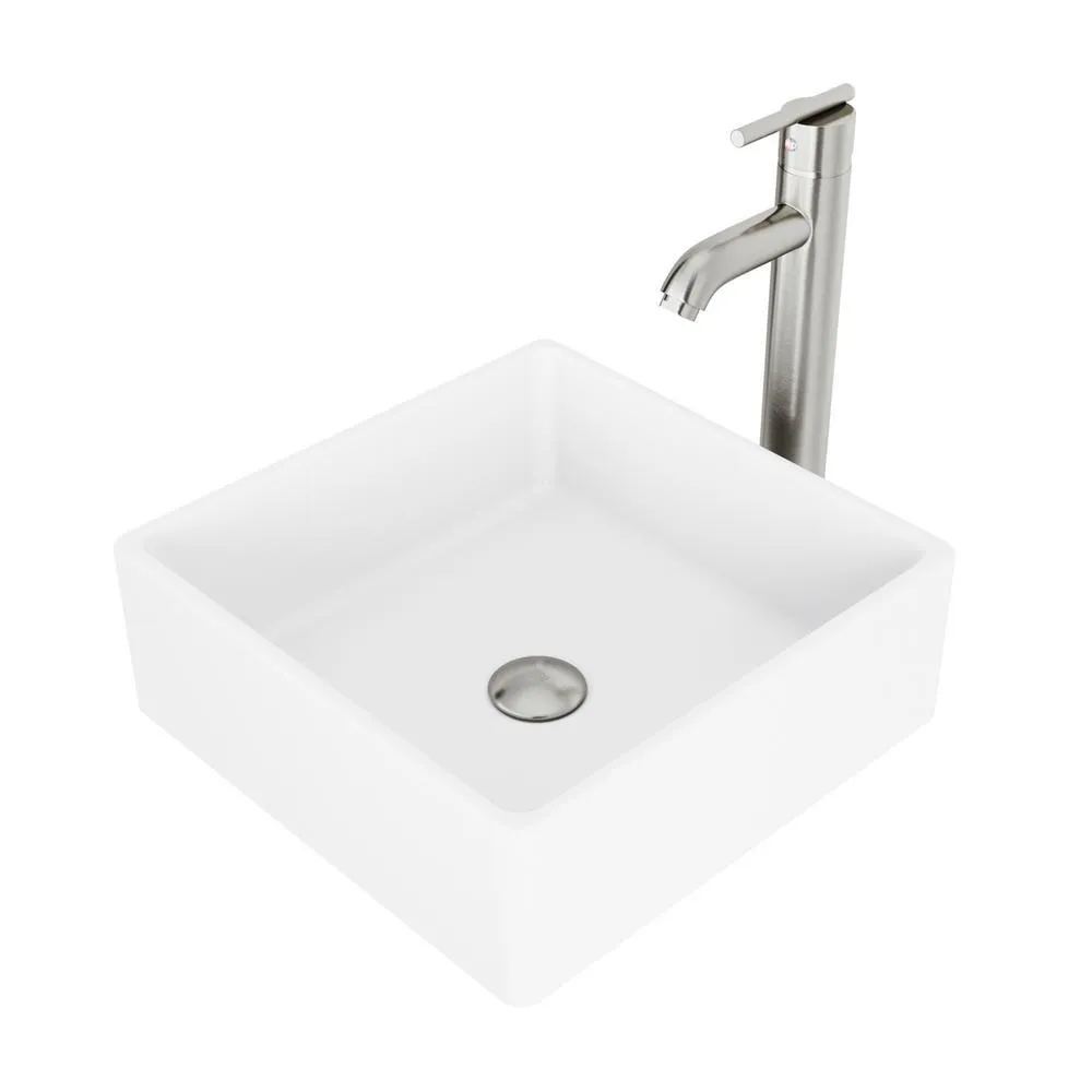 VIGO Dianthus White Matte Stone Vessel Bathroom Sink and Seville Bathroom Vessel Faucet in Brushed Nickel, photo 4 of 15