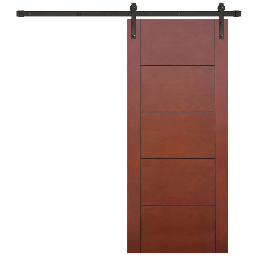 Pacific Entries 36 in. x 84 in. Contemporary Prefinished 5-Panel Flush Mahogany Wood Sliding Barn Door with Bronze Hardware Kit, photo 6 of 8