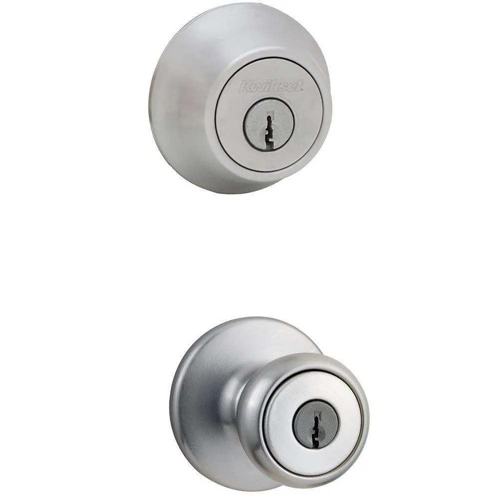 Kwikset Tylo Antique Brass Entry Door Knob and Single Cylinder Deadbolt Combo Pack with Microban Antimicrobial Technology, photo 9 of 9