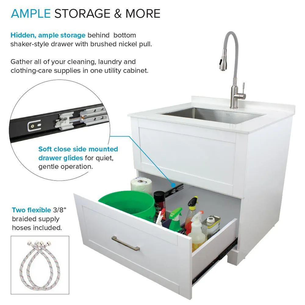 Transolid All-in-One 29 in. W x 25.5 in. D Stainless Steel Undermount Laundry/Utility Sink and White Cabinet with Quartz Top and Faucet, photo 8 of 20
