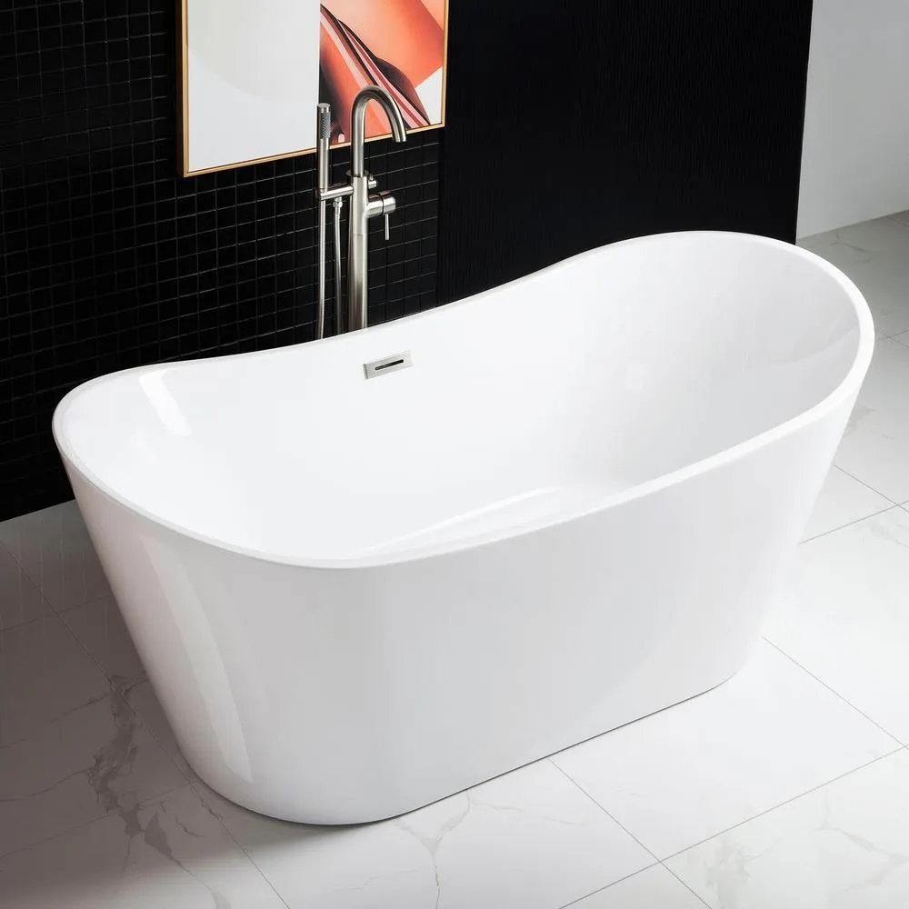WOODBRIDGE Saber 67 in. Acrylic Freestanding Double Slipper Flat Bottom Soaking Bathtub with Drain and Overflow Included, White, photo 5 of 10