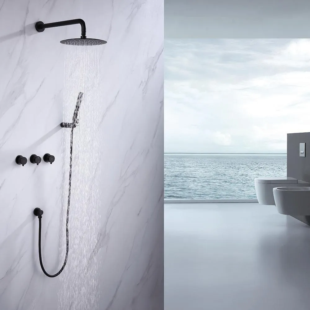 1-Spray Patterns with 1.5 GPM 10 in. Wall Mount Dual Shower Heads with Body Spray High Pressure in Matte Black, photo 2 of 6