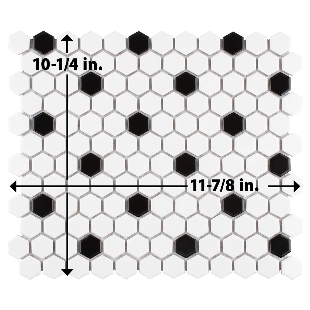 Merola Tile Madison Hex Matte 11-7/8 in. x 10-1/4 in. x 6mm Cool White with Black Dot Porcelain Mosaic Tile, photo 5 of 8
