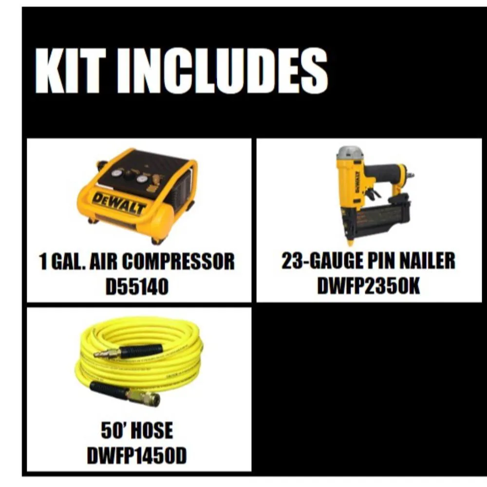 DEWALT 1 Gal. Portable Electric Trim Air Compressor with Bonus 23-Gauge 2 in. Pin Nailer and Hose, photo 2 of 3