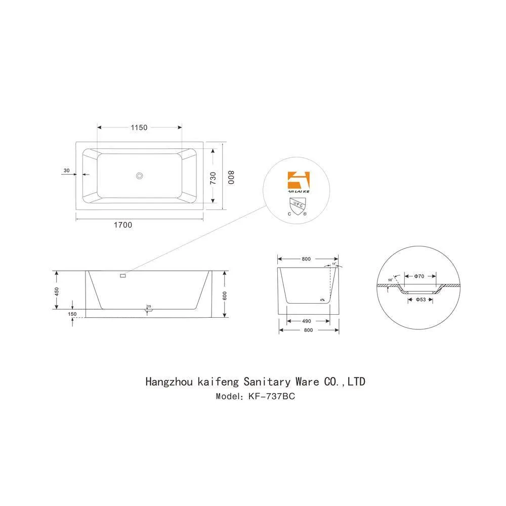 Rectangle 67 in. x 32 in. x 24 in. Contemporary Soaking Acrylic Flatbottom Freestanding Bathtub with Overflow, White, photo 8 of 8