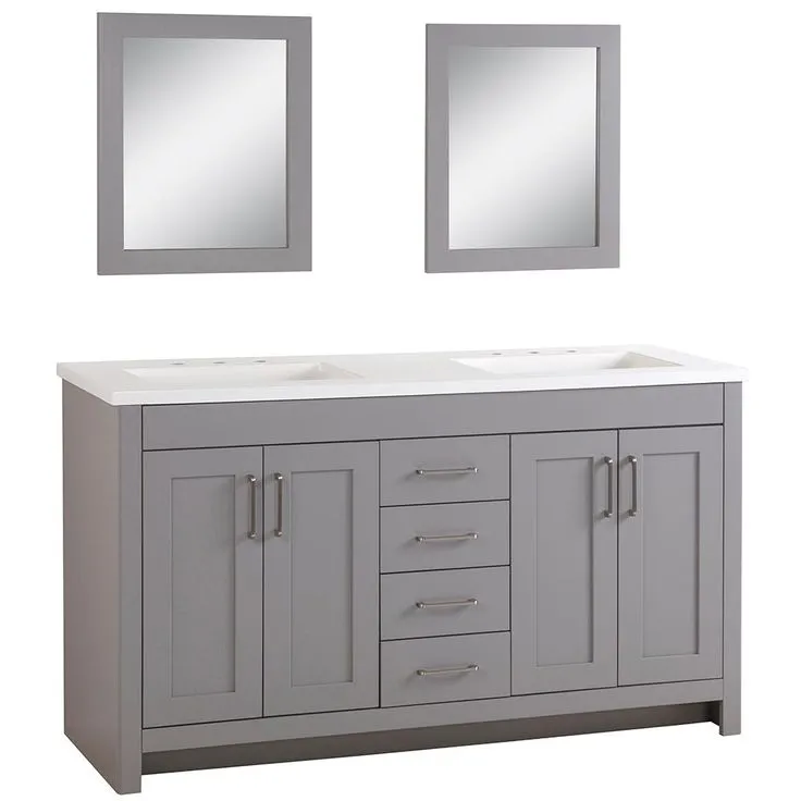 Westcourt 61 in. W Bath Vanity in Sterling Gray with Vanity Top in White with White Sinks and Mirrors, photo 5 of 7