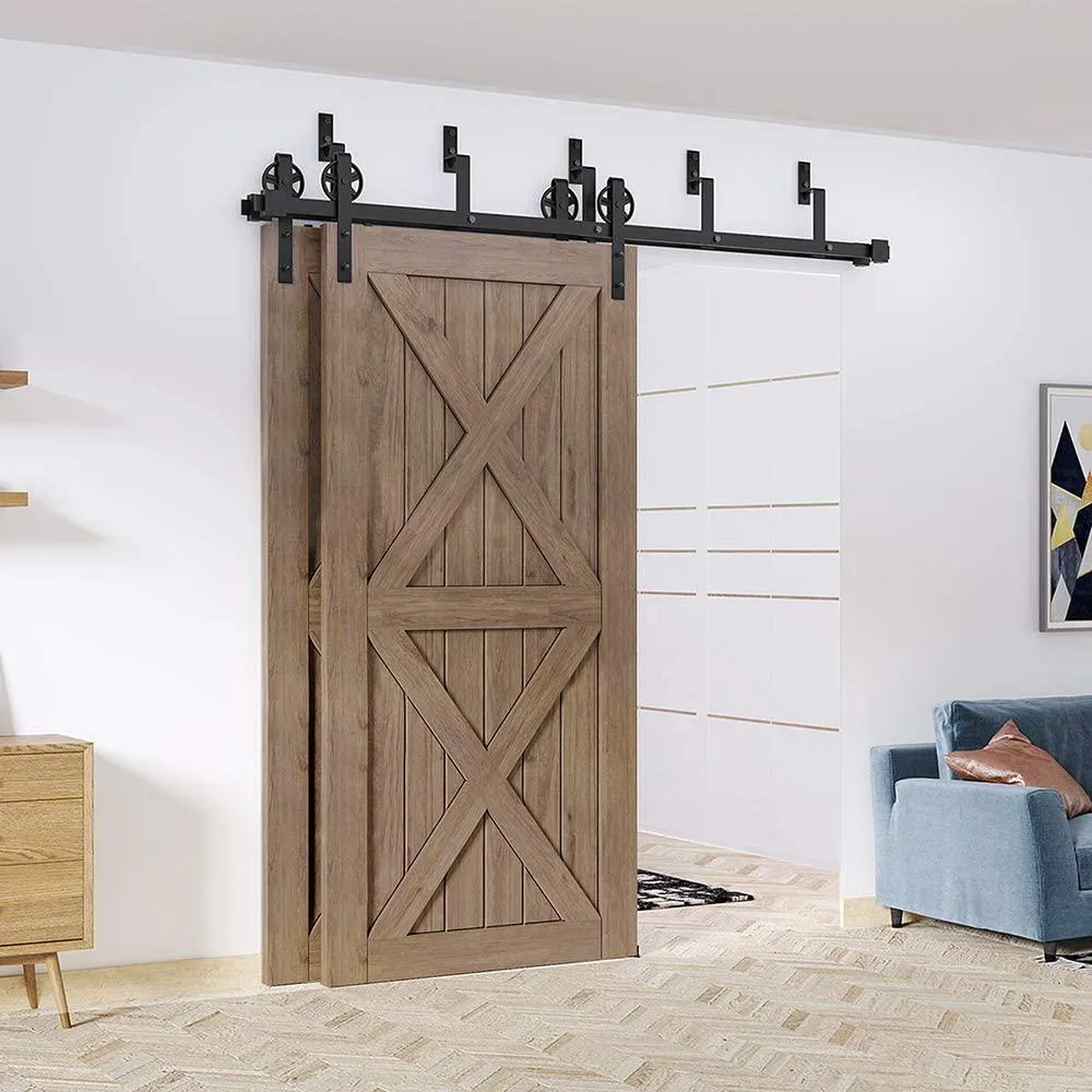 WINSOON 12 ft./144 in. Black Sliding Bypass Barn Door Hardware Track Kit for Double Doors with Non-Routed Floor Guide, photo 3 of 7