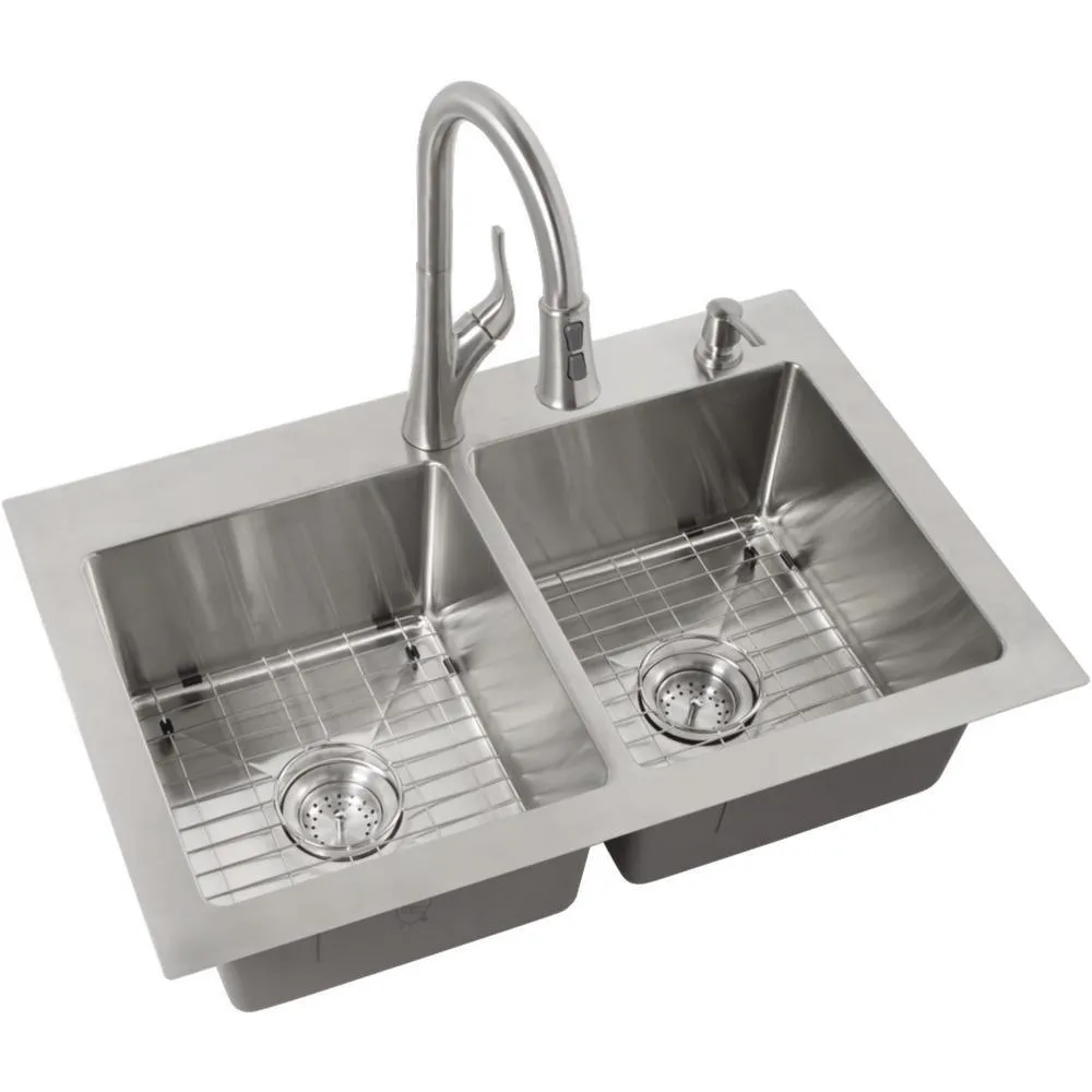 All-in-One Dual Mount Stainless Steel 33 in. 2-Hole 50/50 Double Bowl Kitchen Sink in Brushed Finish, photo 3 of 9