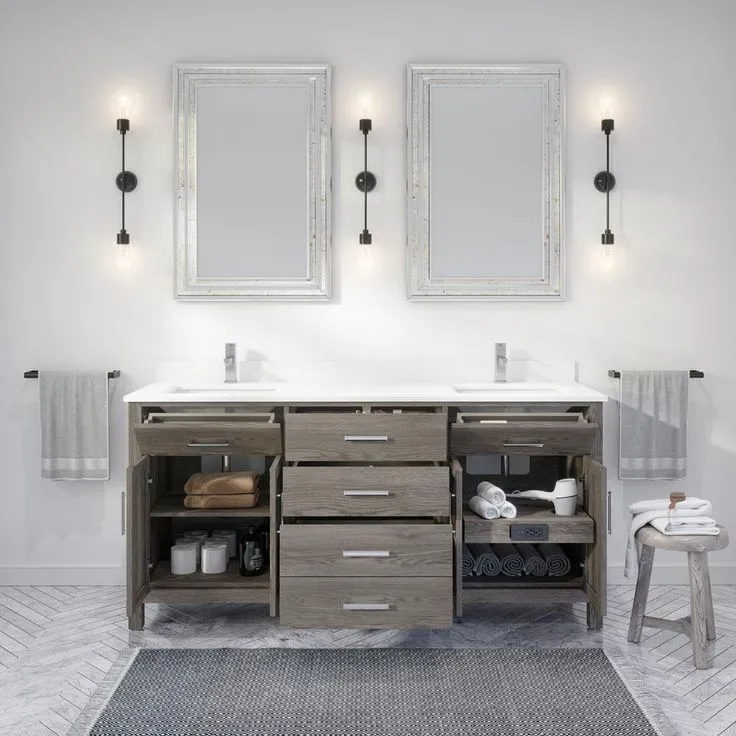 Kali 72 in. W x 22 in. D Bath Vanity in Gray ENGRD Stone Vanity Top in White with White Basin Power Bar and Organizer, photo 6 of 8